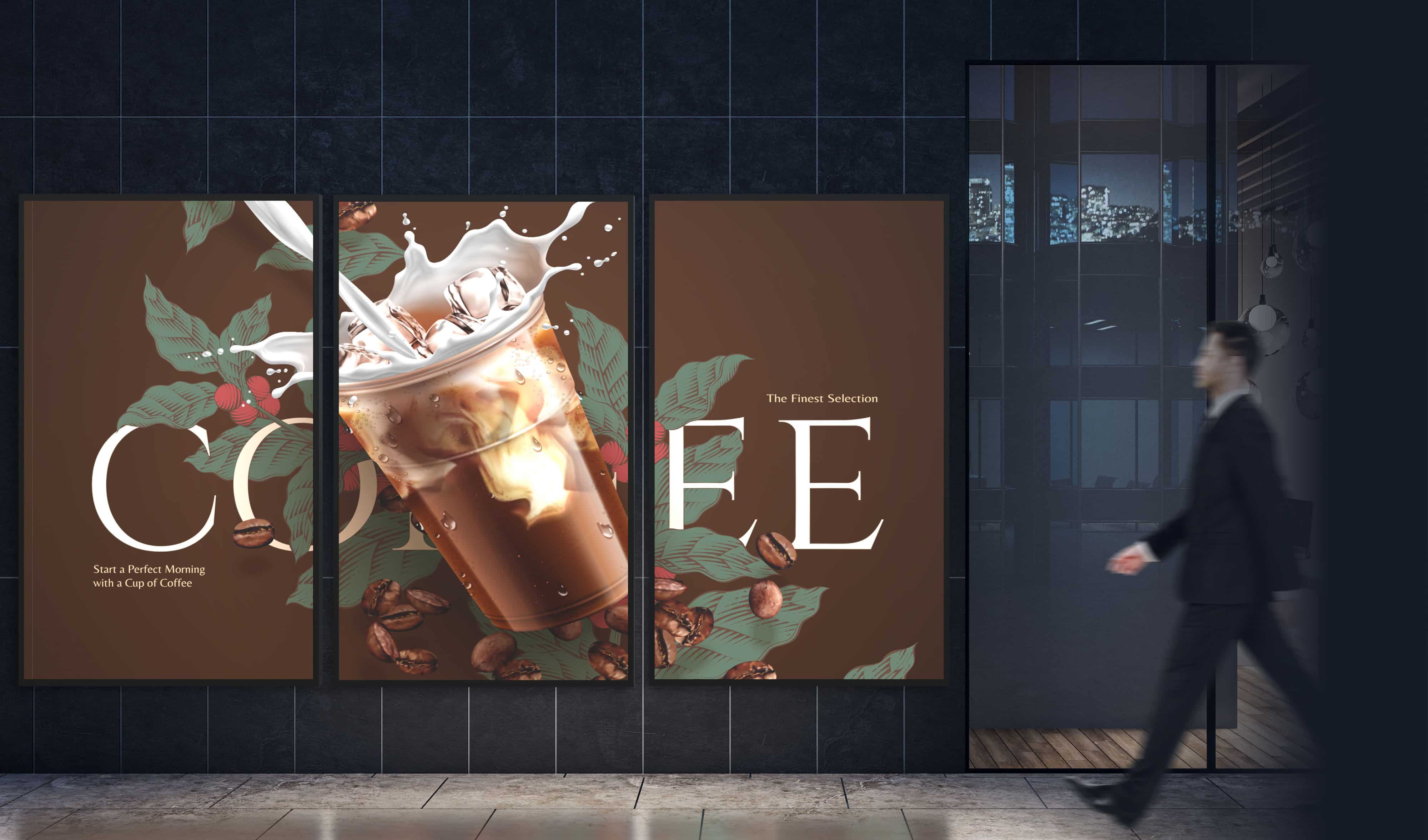 Una persona pasa por delante de una señalización digital compuesta por tres pantallas Serie N que muestran un único anuncio de una bebida de café en las tres pantallas.