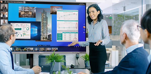 La reunión se lleva a cabo utilizando un Optoma IFPD y Vizetto Reactiv SUITE